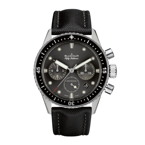 A black Blancpain Fifty Fathoms wristwatch, model 5200-1110-B52A, featuring three subdials, a date display, and a black fabric strap.