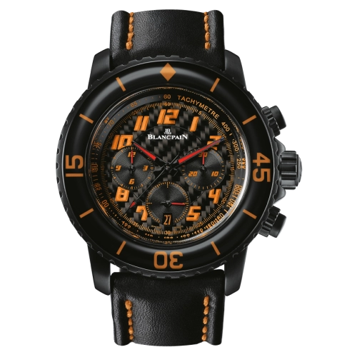 Black Blancpain Fifty Fathoms wristwatch, model 5785F-11D03-63A, with striking orange numerals, black leather strap, and orange stitching accents—a true luxury watch statement.
