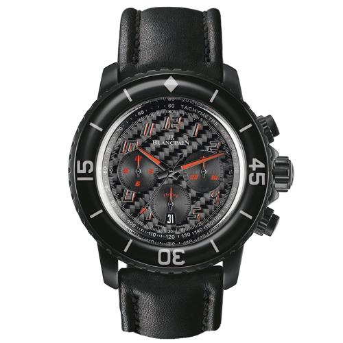 Black Blancpain Fifty Fathoms chronograph watch with a textured dial, large numerals, and a black leather strap—a true luxury watch, model 5785F.B-11D03-63A.