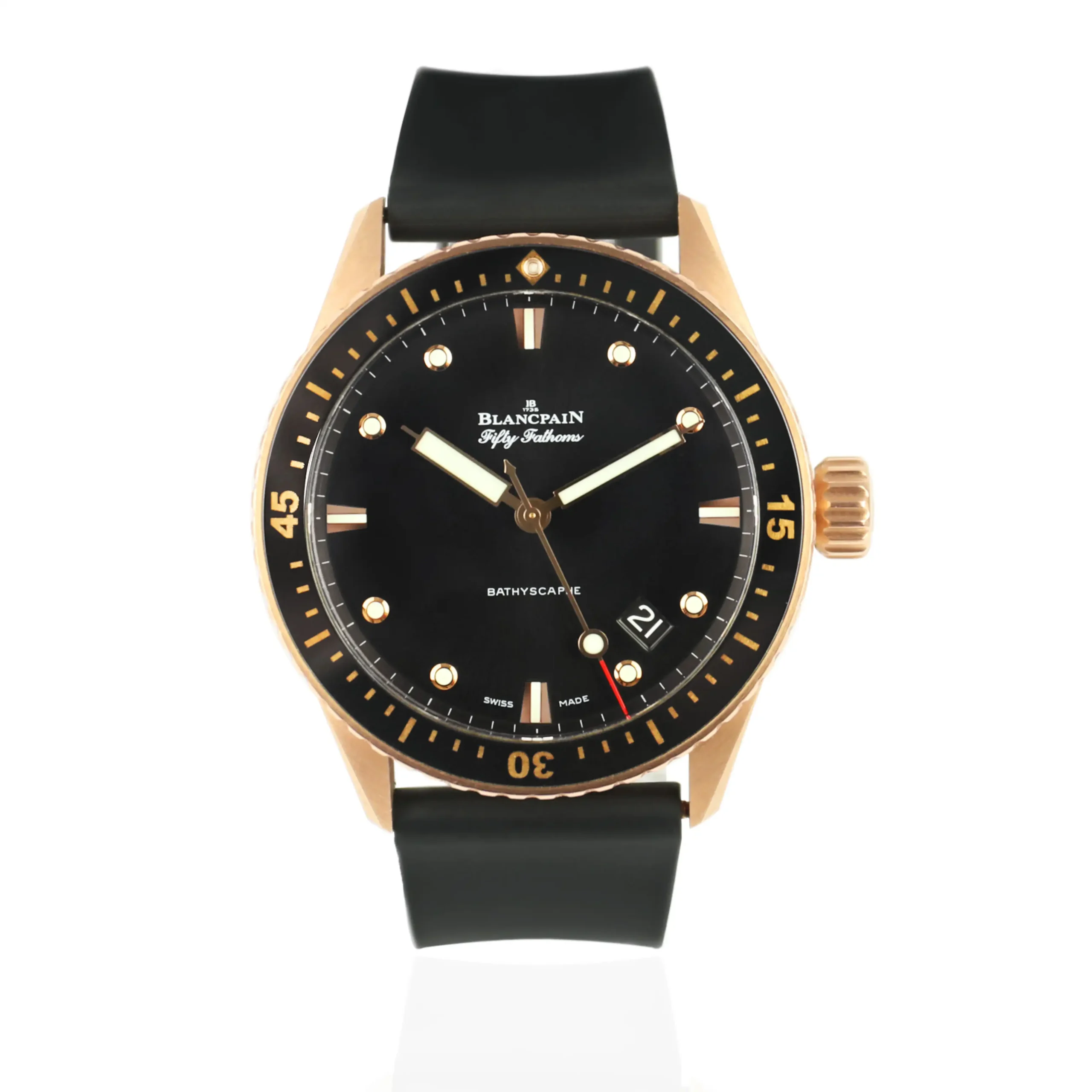 A luxury Blancpain Fifty Fathoms Bathyscaphe wristwatch with a black dial, gold case, and black strap, displayed on a white background.