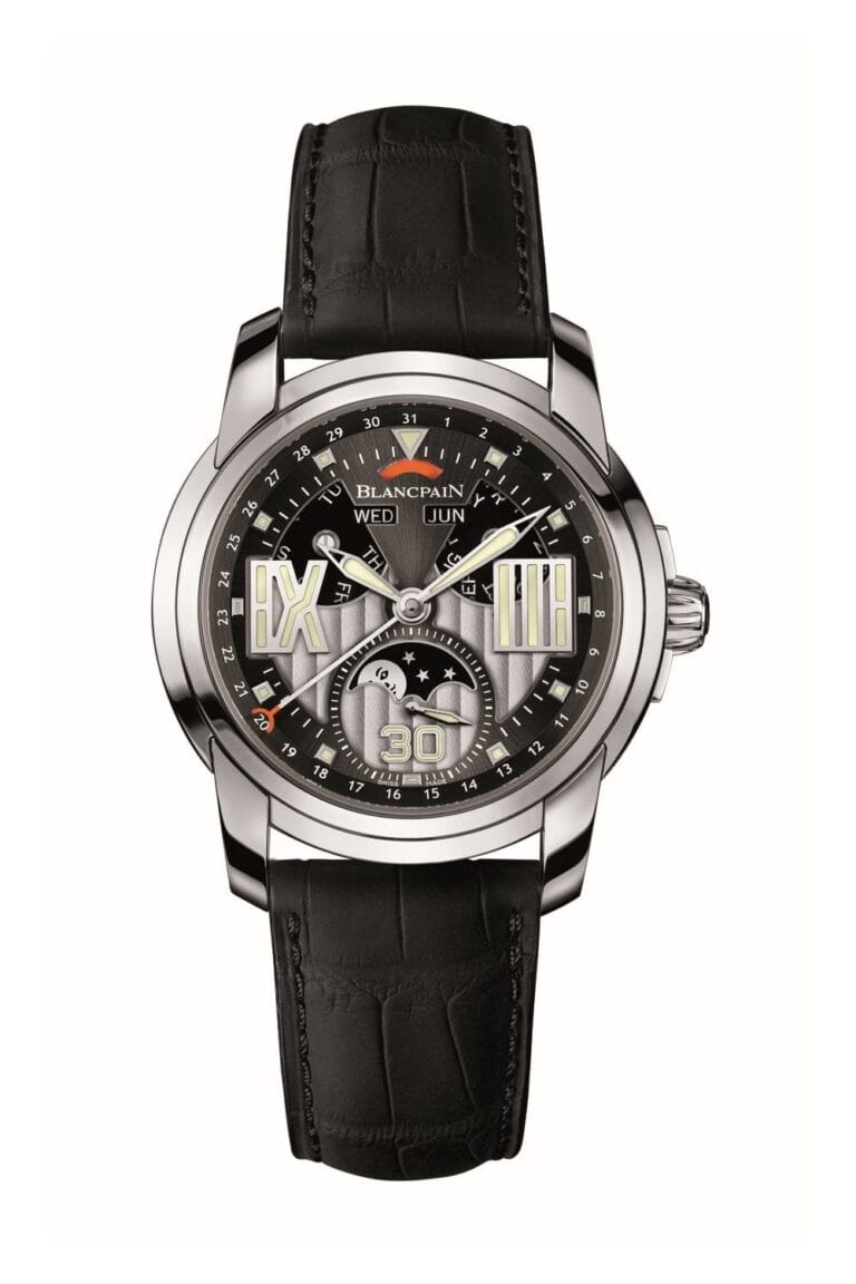 Luxury Blancpain L-Evolution wristwatch with a black leather strap, silver case, and detailed face displaying date and time. Model: 8866-1134-53B.