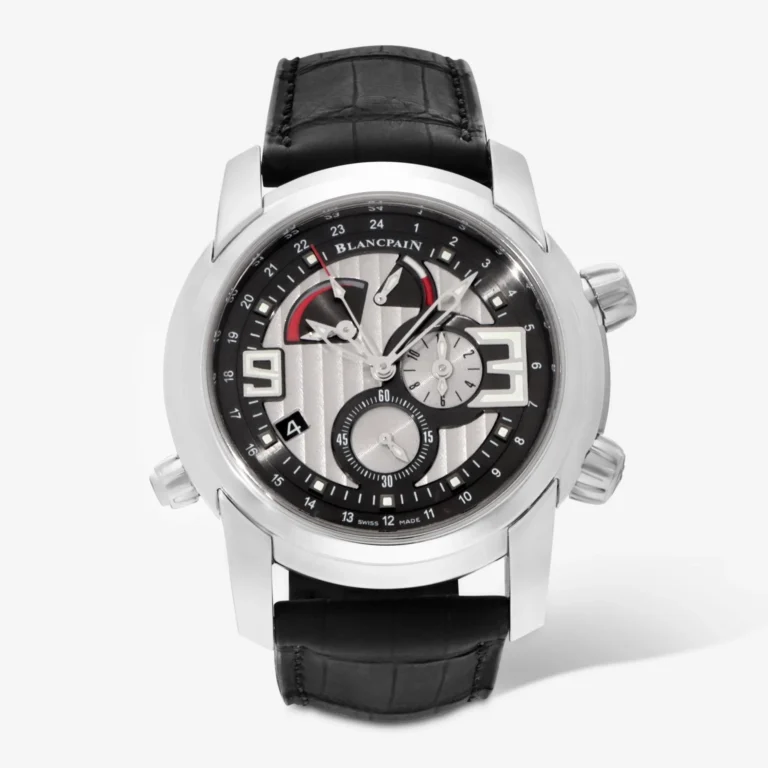 A luxury Blancpain L-Evolution wristwatch featuring a black leather strap and the detailed silver and black analog dial of the 8841-1134-53B model.