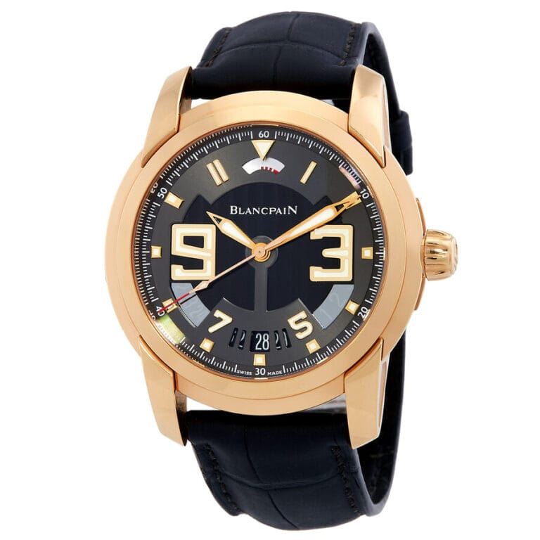 Gold Blancpain L-Evolution wristwatch featuring a black dial with large numbers and a sleek black leather strap. Model: 8805-3630-53B.