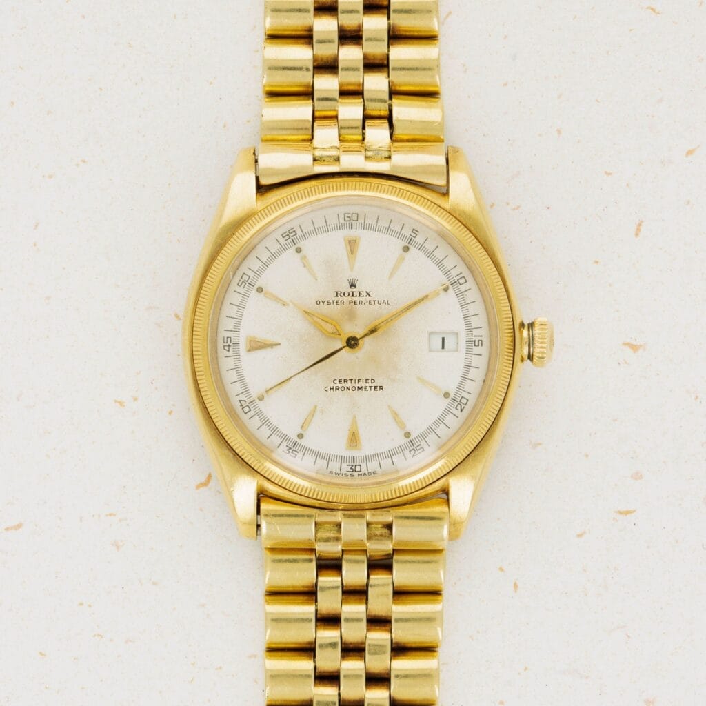 A Rolex Datejust Ref. 4467 in yellow gold on a jubilee bracelet.