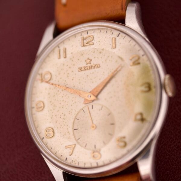 Zenith Caltrava Jumbo with stainless steel case, Arabic numerals, subseconds, and a brown leather strap.