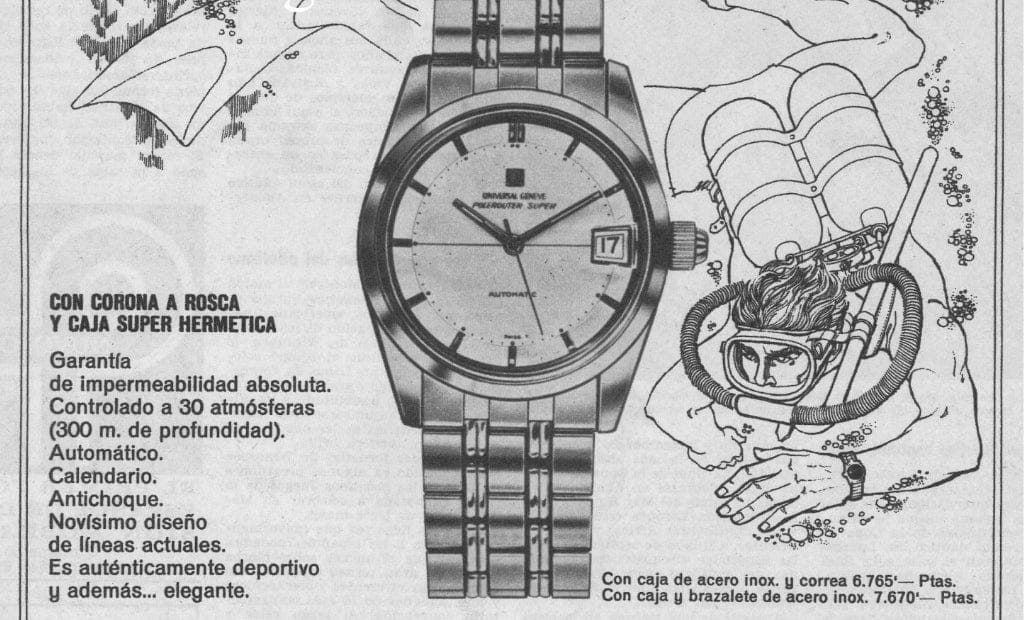 A Polerouter Super stainless steel wristwatch is shown next to a drawing of a scuba diver underwater.