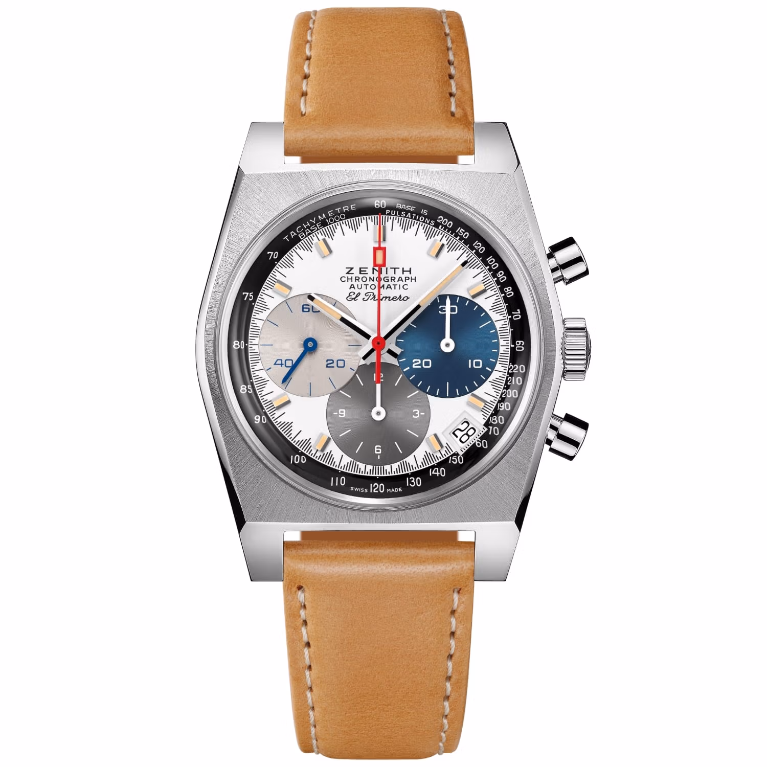 A stainless steel Zenith El Primero A3817 wristwatch with a tan leather strap and three colored subdials on a white face.