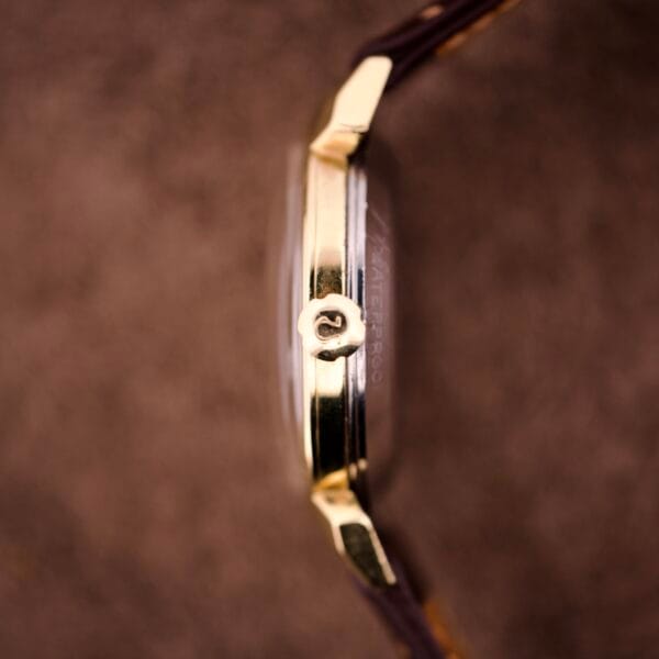 Side view of an Omega Automatic Seamaster Ref. 14363 with 14k gold capped case, brown leather strap, bull horn lugs, and textured crown against a brown background.