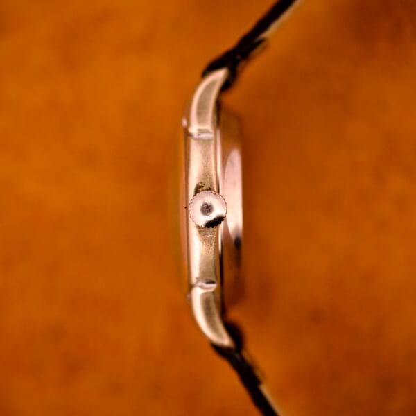 Close-up side view of the Benrus Three Star Automatic Browned Tropic Dial Stainless Steel watch, set against a brown background that highlights its crown and strap.