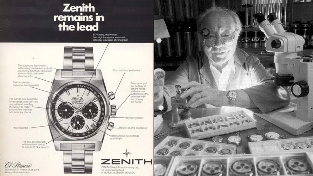A vintage Zenith watch ad beside a watchmaker working with El Primero watches, tools, and a microscope.