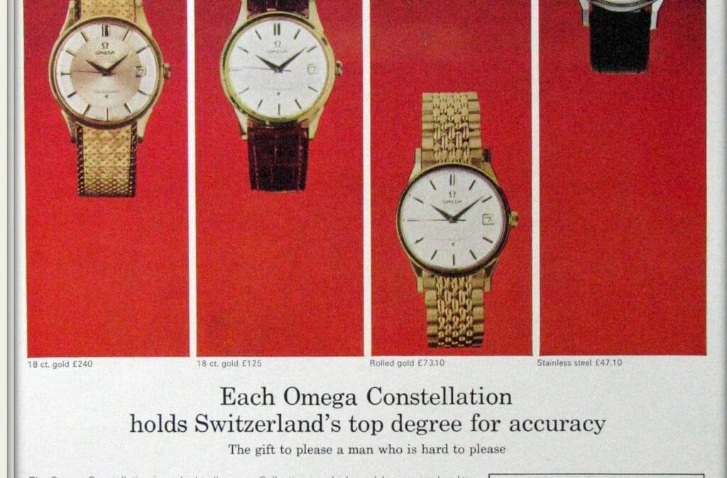 Four Omega Constellation wristwatches with different bands are elegantly displayed on a red background.