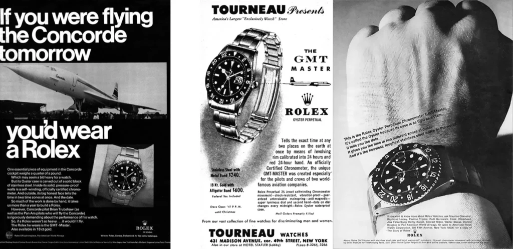 Three vintage black-and-white Rolex ads featuring aviation themes and close-ups of the iconic GMT-Master watches.