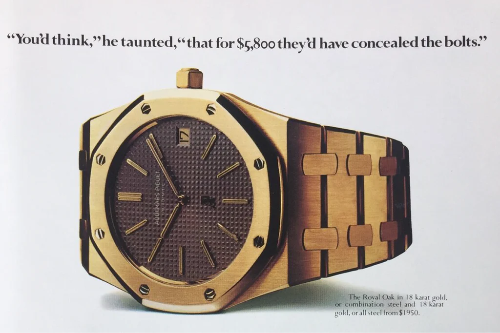 A gold Audemars Piguet Royal Oak watch is shown with a quote about its price and visible bolts.