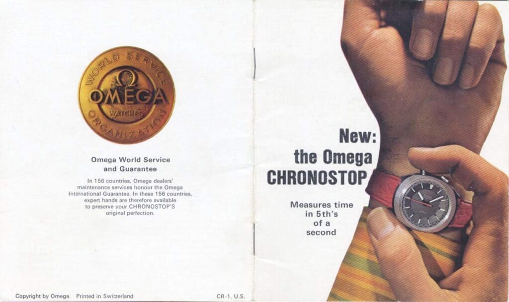 A hand wearing a striking red Omega Chronostop watch points to its face; the Omega World Service logo is displayed on the left.