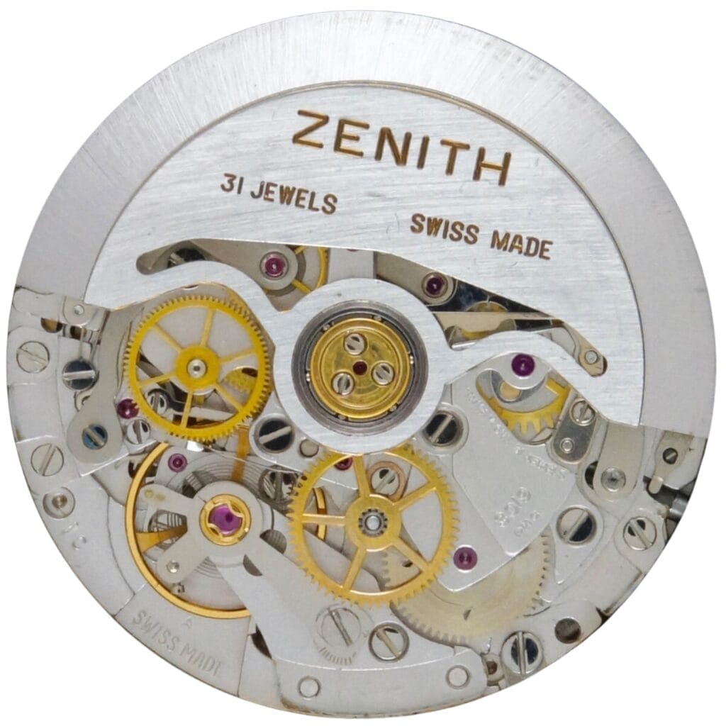 Close-up of a Zenith 3019 PHC Swiss Made watch movement, highlighting its gears, jewels, and intricate mechanical parts.