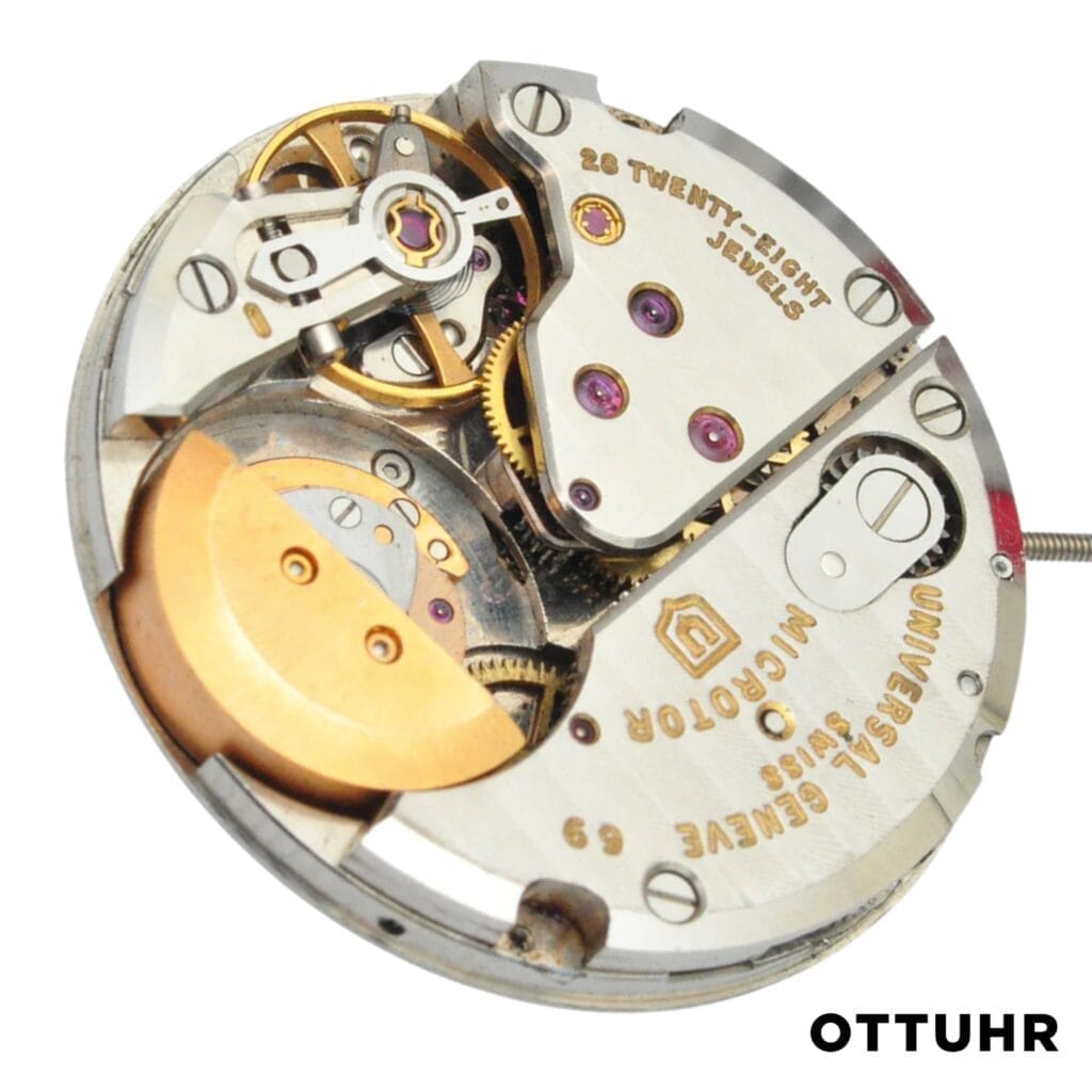 Close-up of a Universal Genève Microtor mechanical watch movement with visible gears, showcasing the intricate craftsmanship of the 69 caliber.