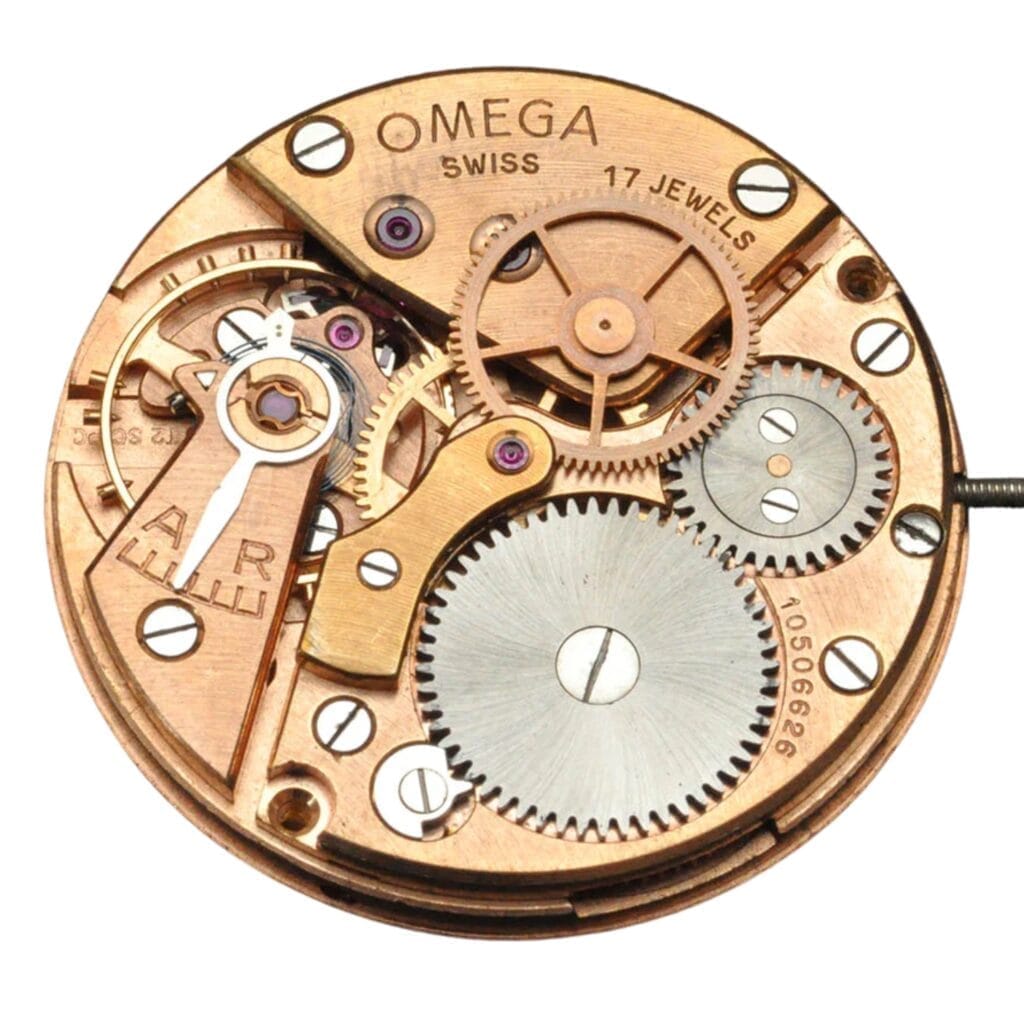 Close-up of an Omega 280 Swiss watch movement, showing gears, jewels, engraved markings, and the 30 SC T2 PC designation.