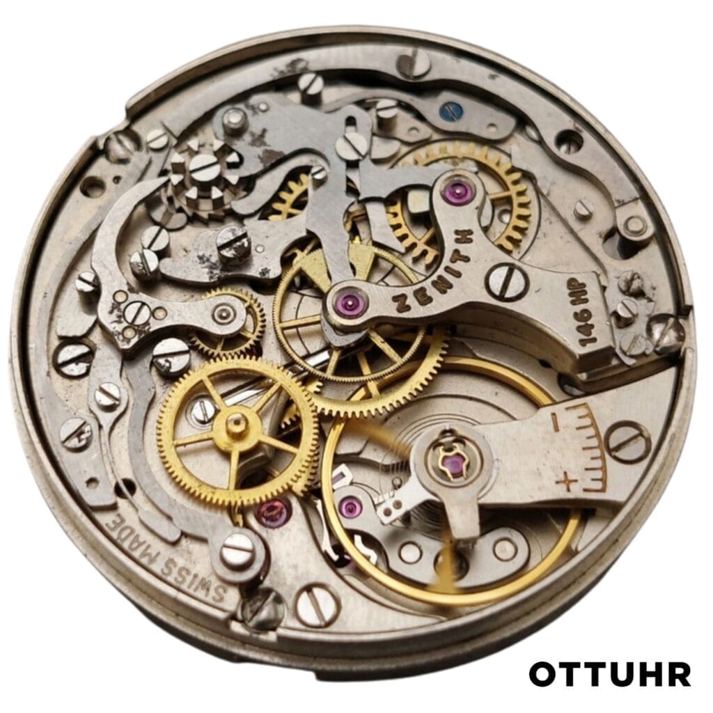 Close-up of a vintage Zenith mechanical watch movement, showcasing the intricate gears and precise metal components of its 146HP caliber.