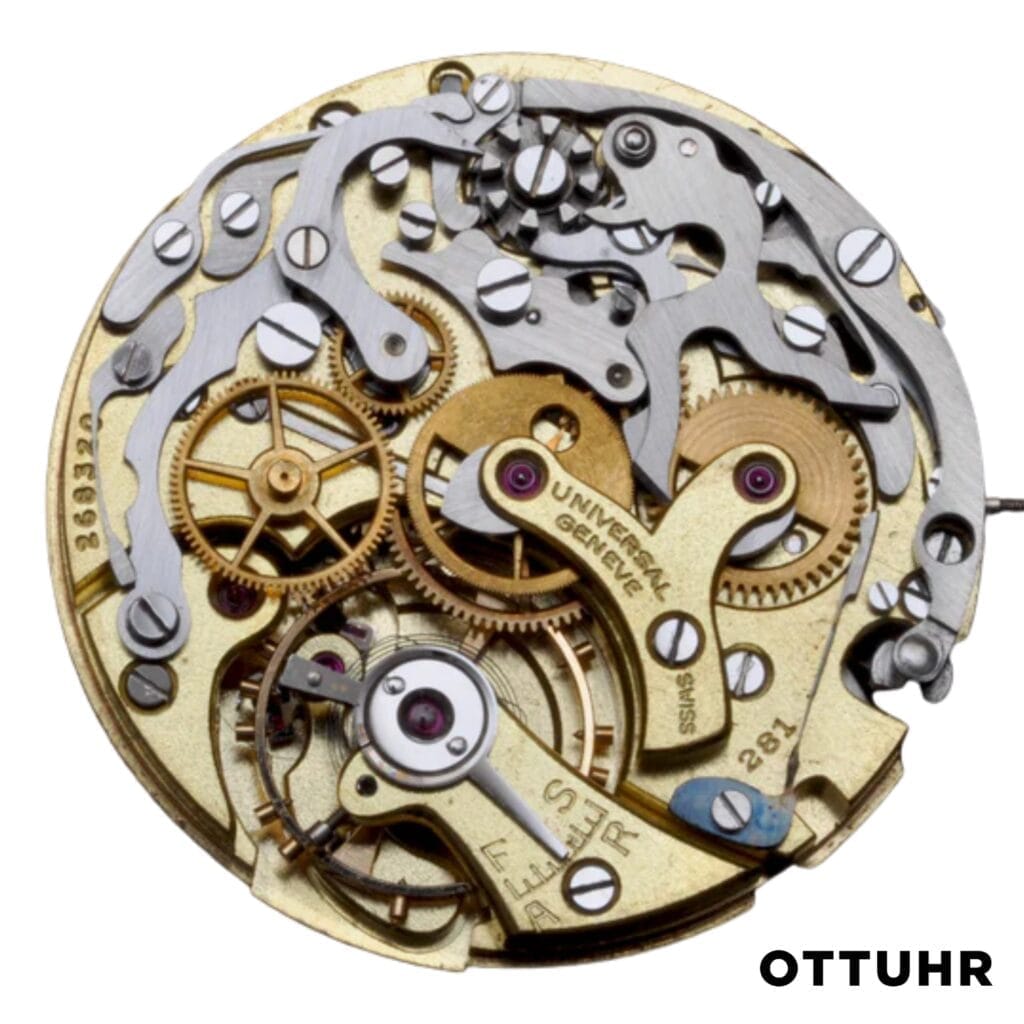 Close-up of a vintage watch movement with visible gears and screws, labeled “OTTUHR” in the corner—a design reminiscent of Universal Geneve’s famed 281 caliber.