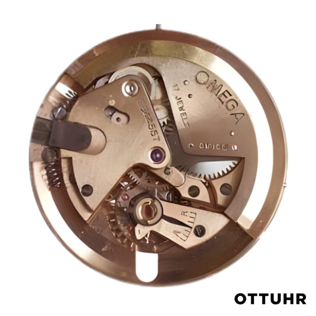 Close-up of an exposed Omega 330 watch movement with visible gears and intricate mechanisms, displayed on a white background.