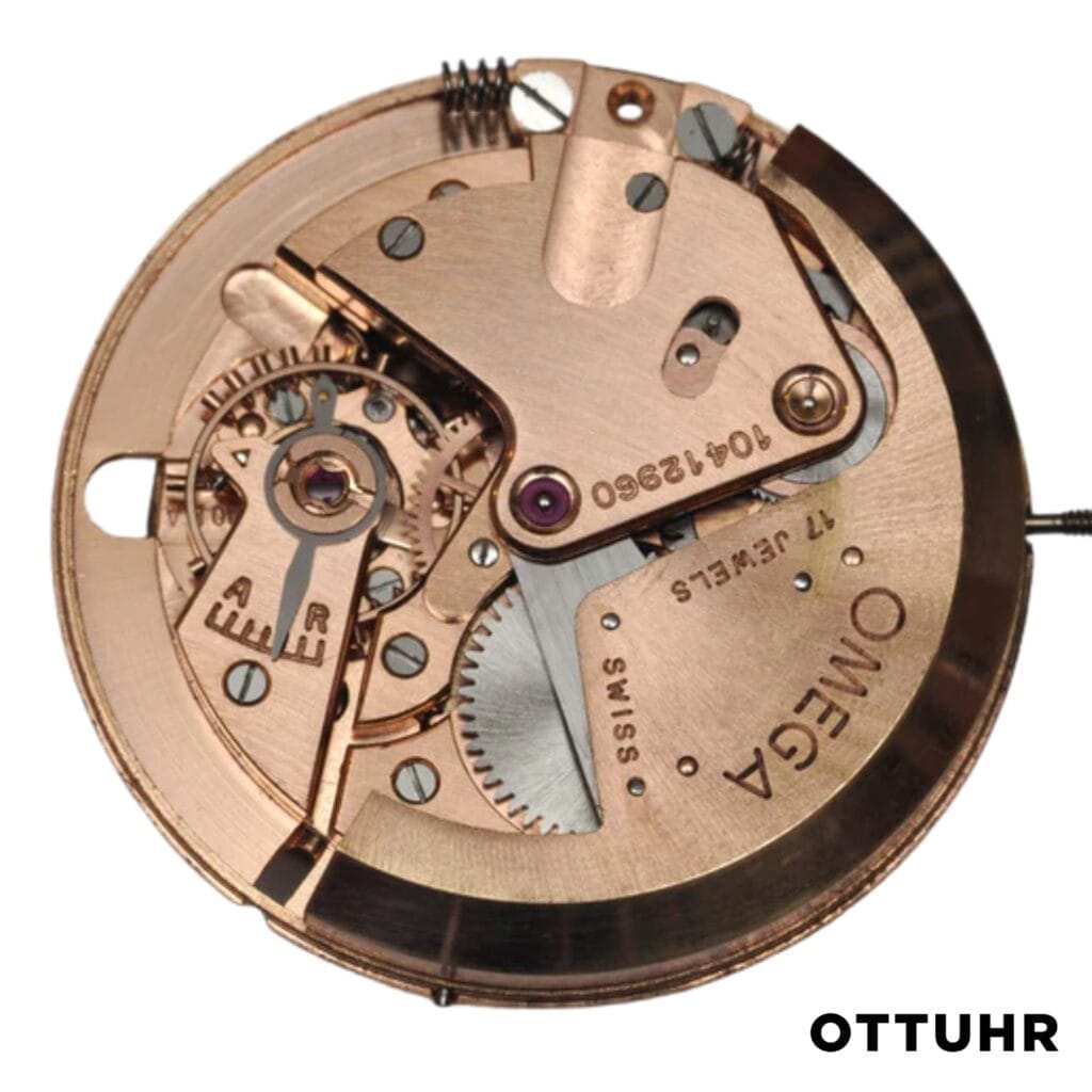 Close-up of an Omega watch movement, labeled OTTUHR, showcasing visible gears and metal components featuring the 30.10 caliber.