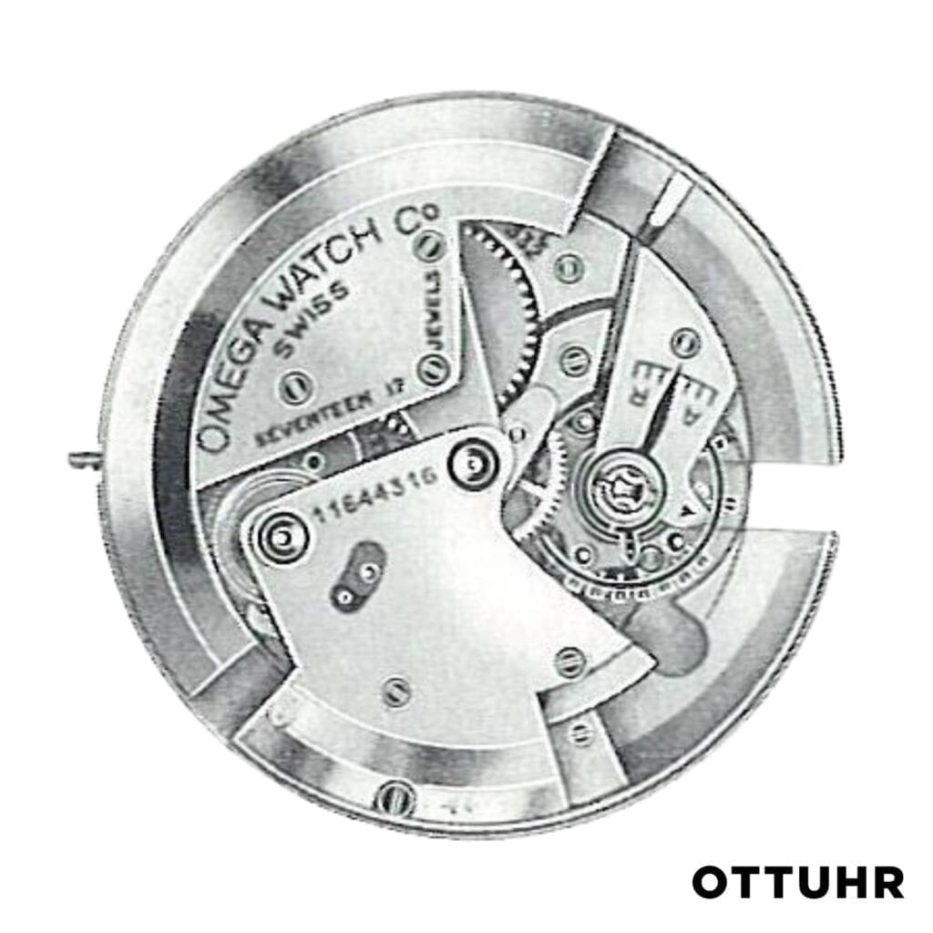 Mechanical movement of an Omega 332 watch showing gears, engravings, and intricate internal parts on a white background.