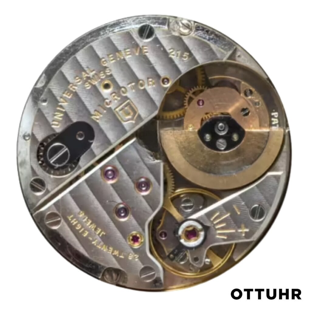 Close-up of a vintage watch movement showing gears, screws, and engraved text, with Universal Geneve and OTTUHR in the corner.