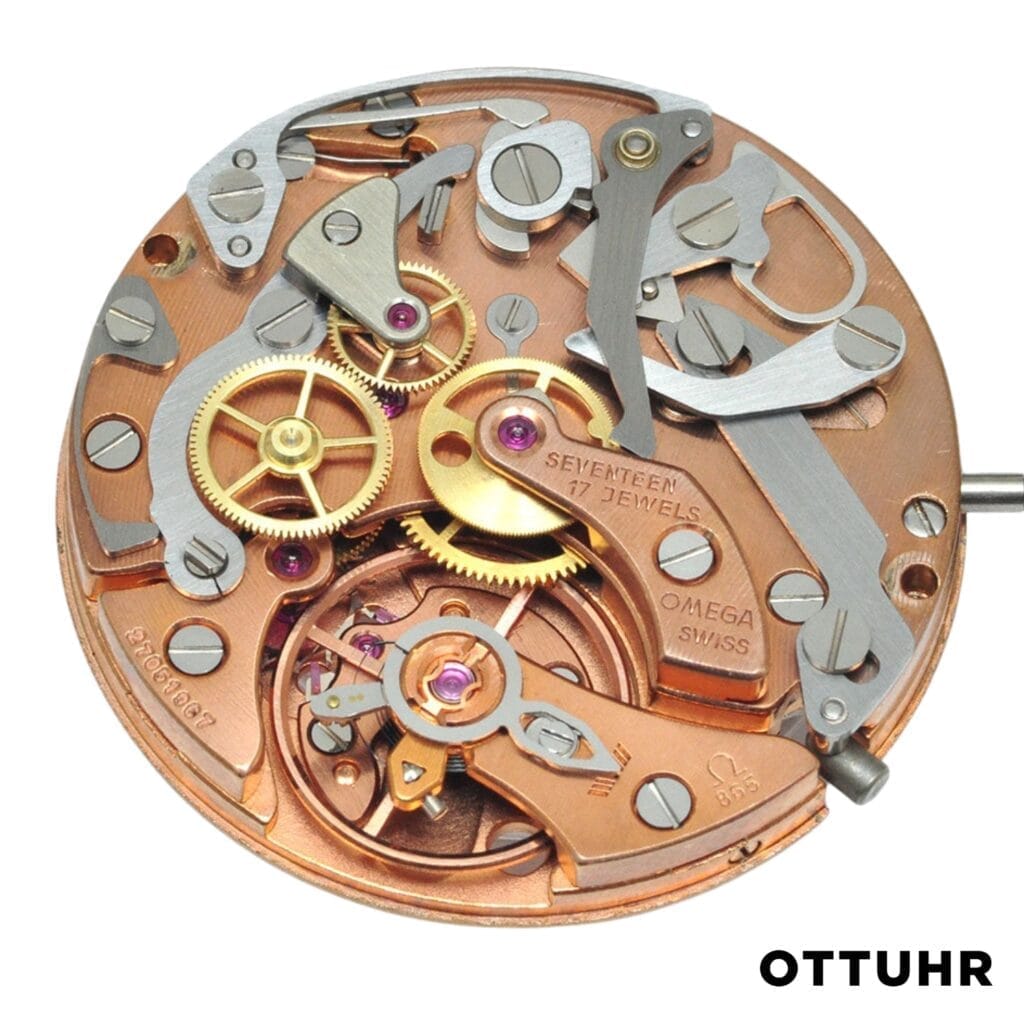 Close-up of an OMEGA SWISS mechanical watch movement, showcasing gears and levers, with the caliber 865 prominently featured.