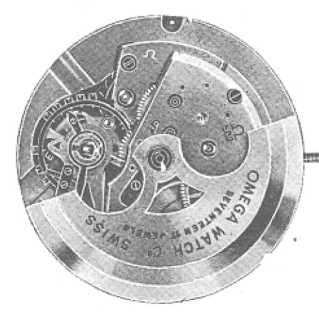 Black and white diagram of a mechanical watch movement labeled Omega 502 Watch Co Swiss.