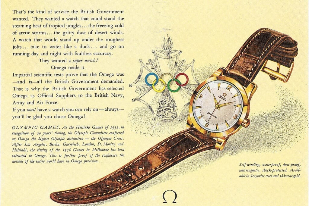 A vintage Omega Seamaster watch with a brown leather strap is displayed beside Olympic rings and descriptive text.