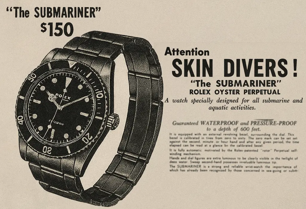 Vintage ad for the Rolex Submariner watch, priced at $150, designed for skin divers and aquatic activities.