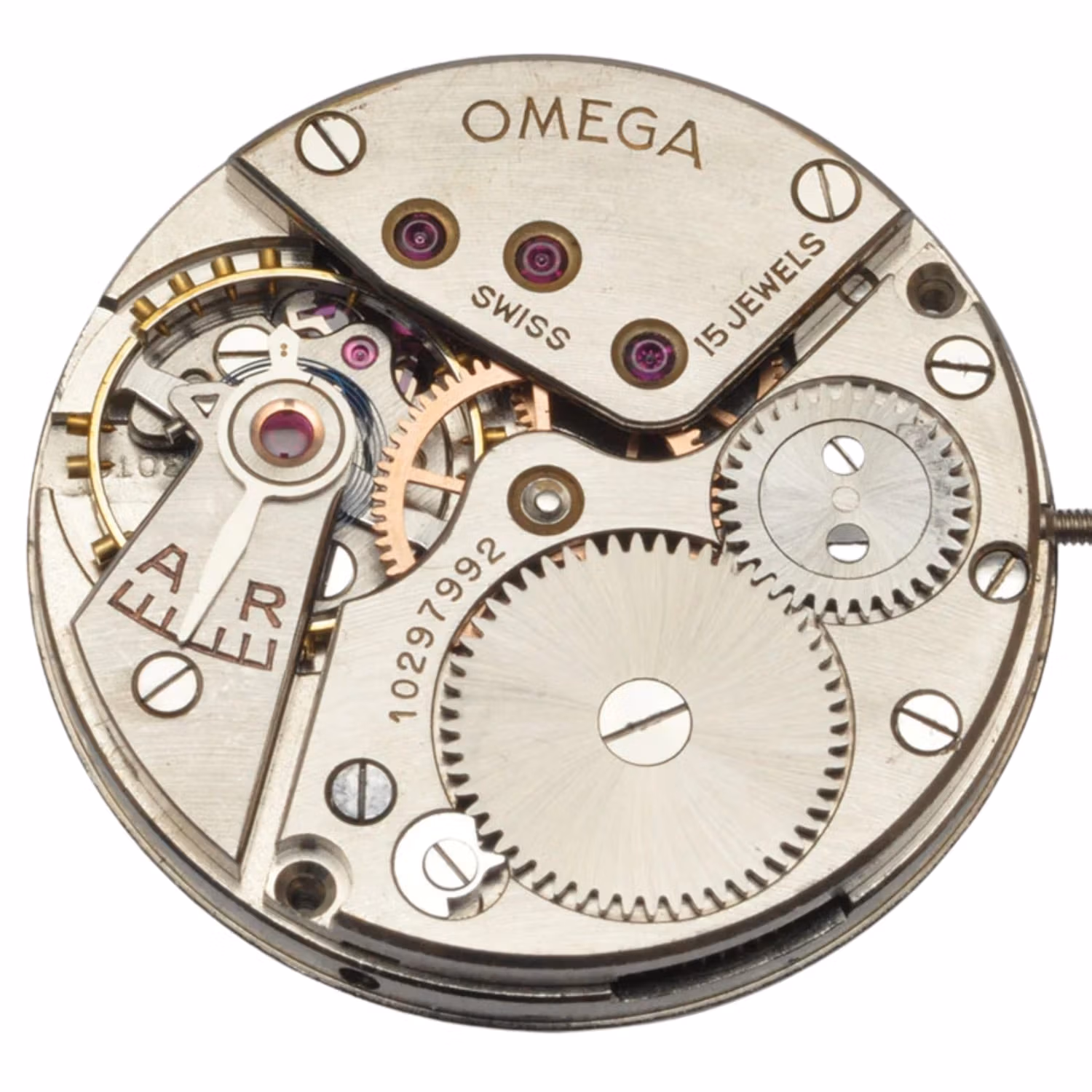 Close-up of an Omega Swiss watch movement, showcasing visible gears, jewels, engraved markings, and the iconic Omega 30T2 caliber.