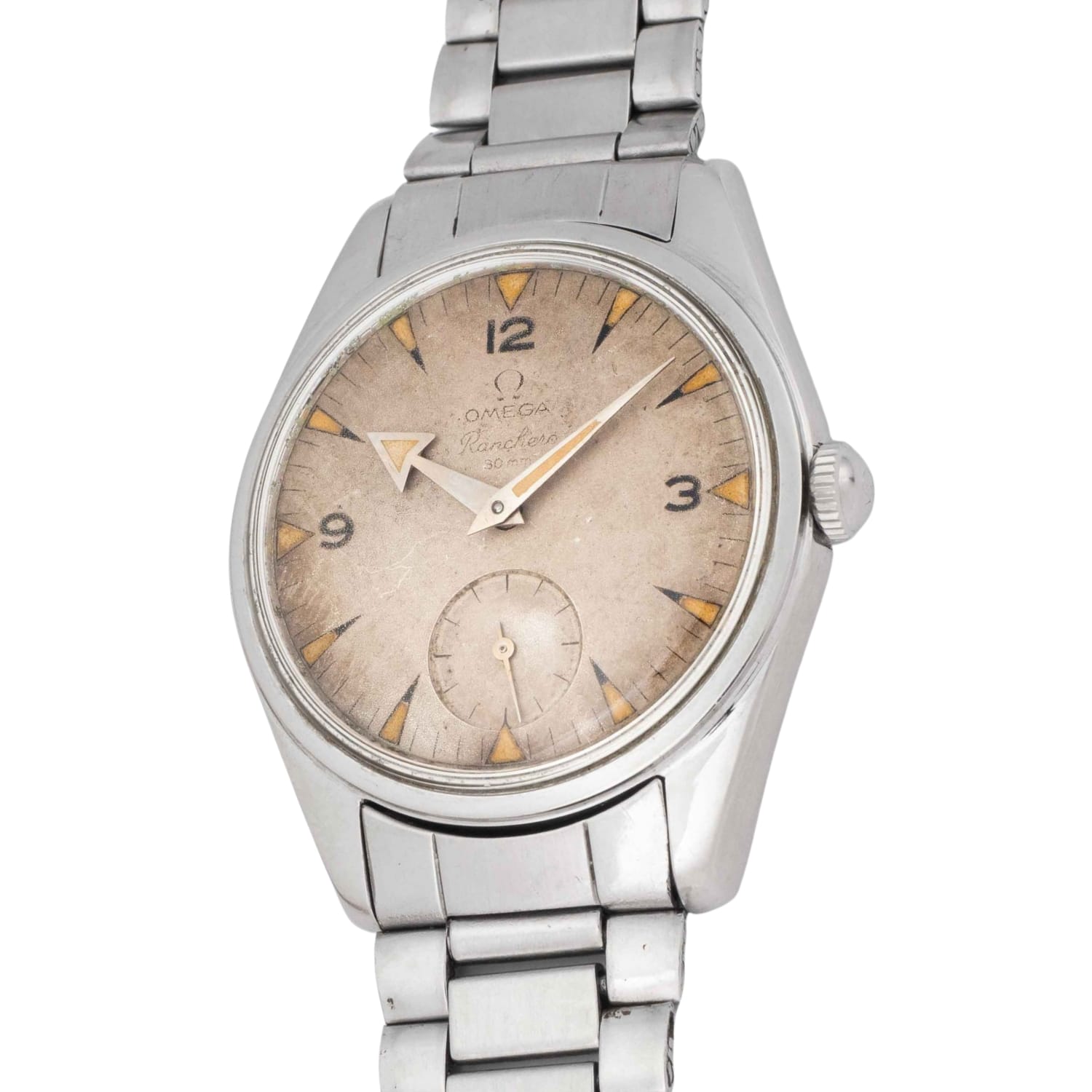 A vintage Omega Seamaster CK 2990 wristwatch with a silver metal band and a worn beige dial displaying Arabic numerals and markers.