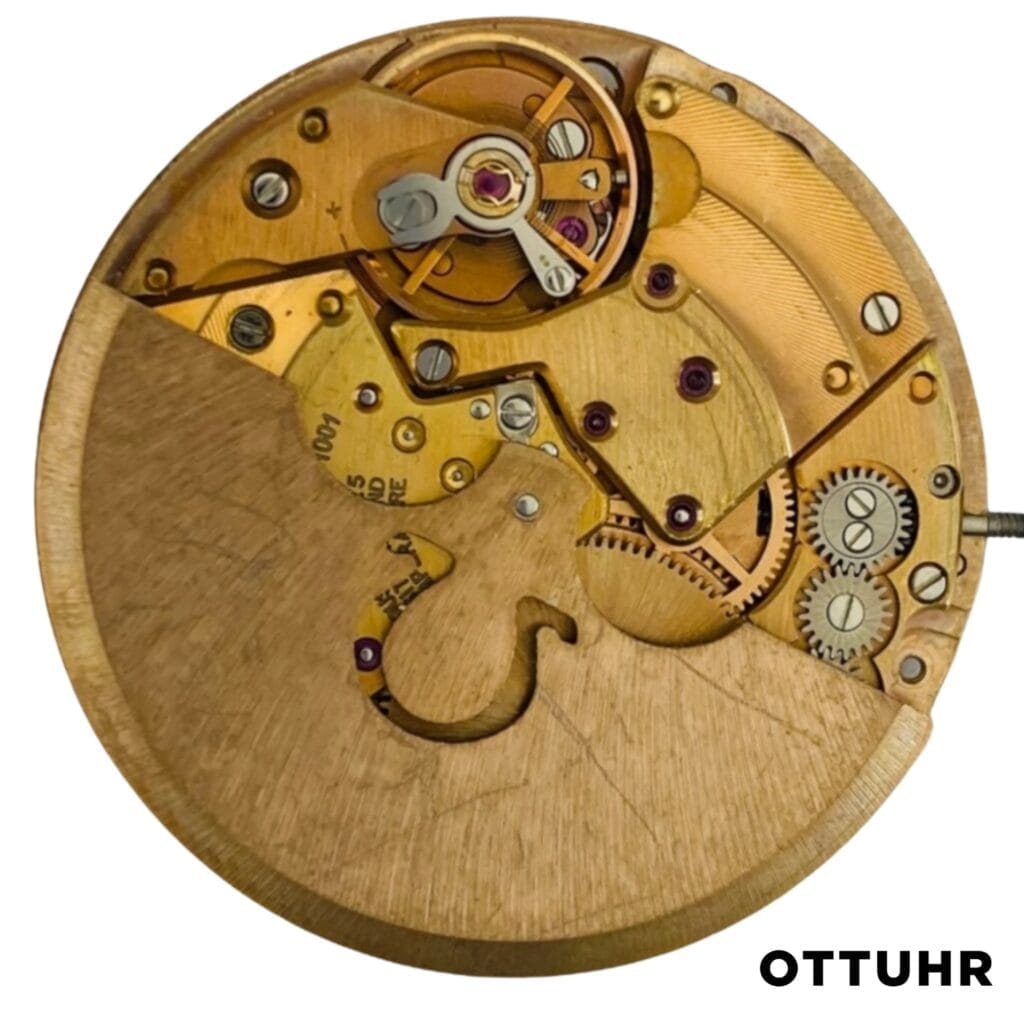 A close-up of a vintage watch movement with gears exposed, next to the word OTTUHR in bold text and the number 1001 subtly engraved on one of the gears.
