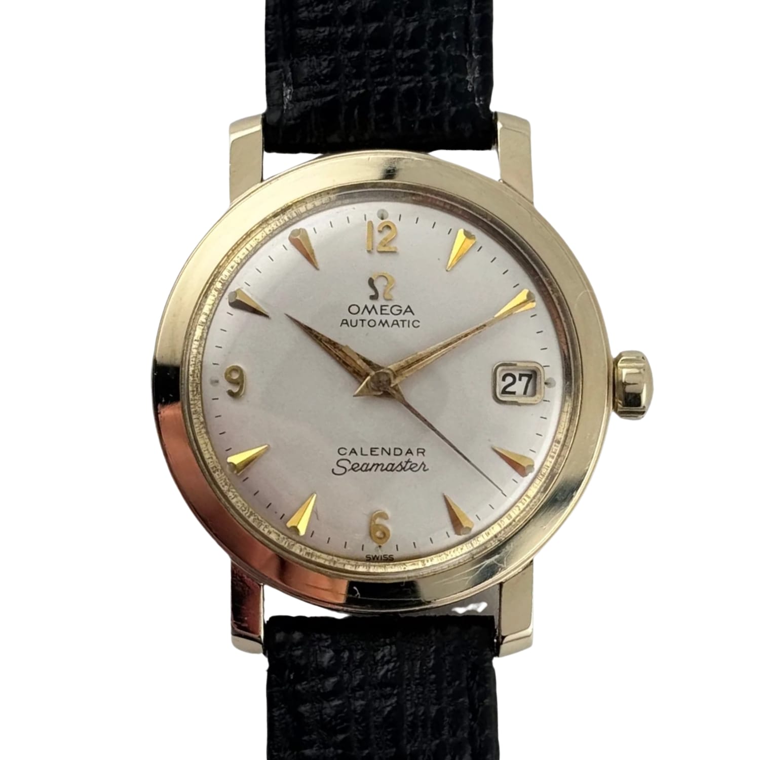 Gold Omega Seamaster KX6082 watch with black strap, white dial, gold markers, and date window at 3 o’clock.