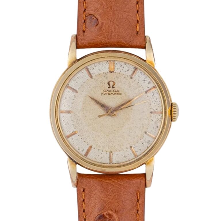 A vintage Omega automatic wristwatch with a brown leather strap and a gold case.