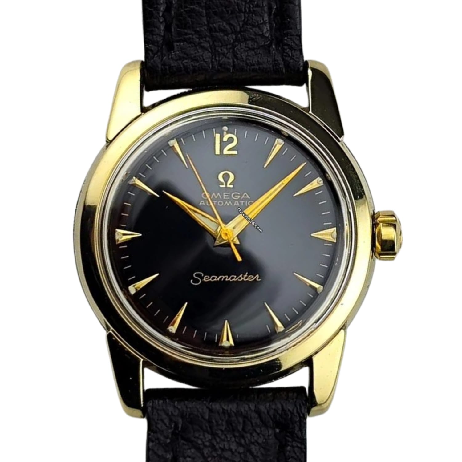 Gold Omega Seamaster 2826 watch with a black dial, gold indices, and a black leather strap.