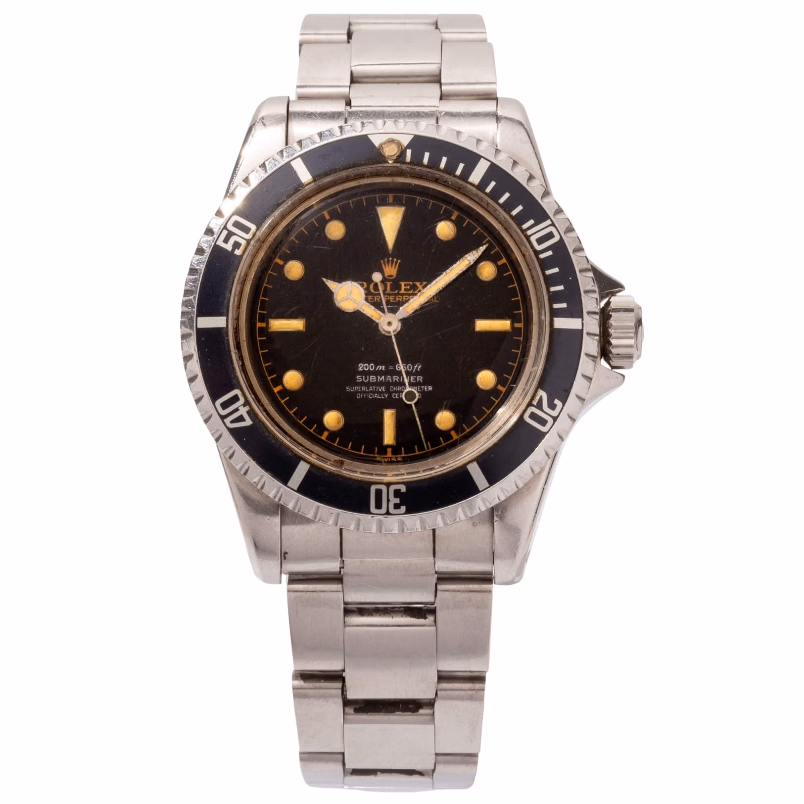 A vintage Rolex Submariner 5512 watch featuring a classic black dial and a sleek silver metal band.