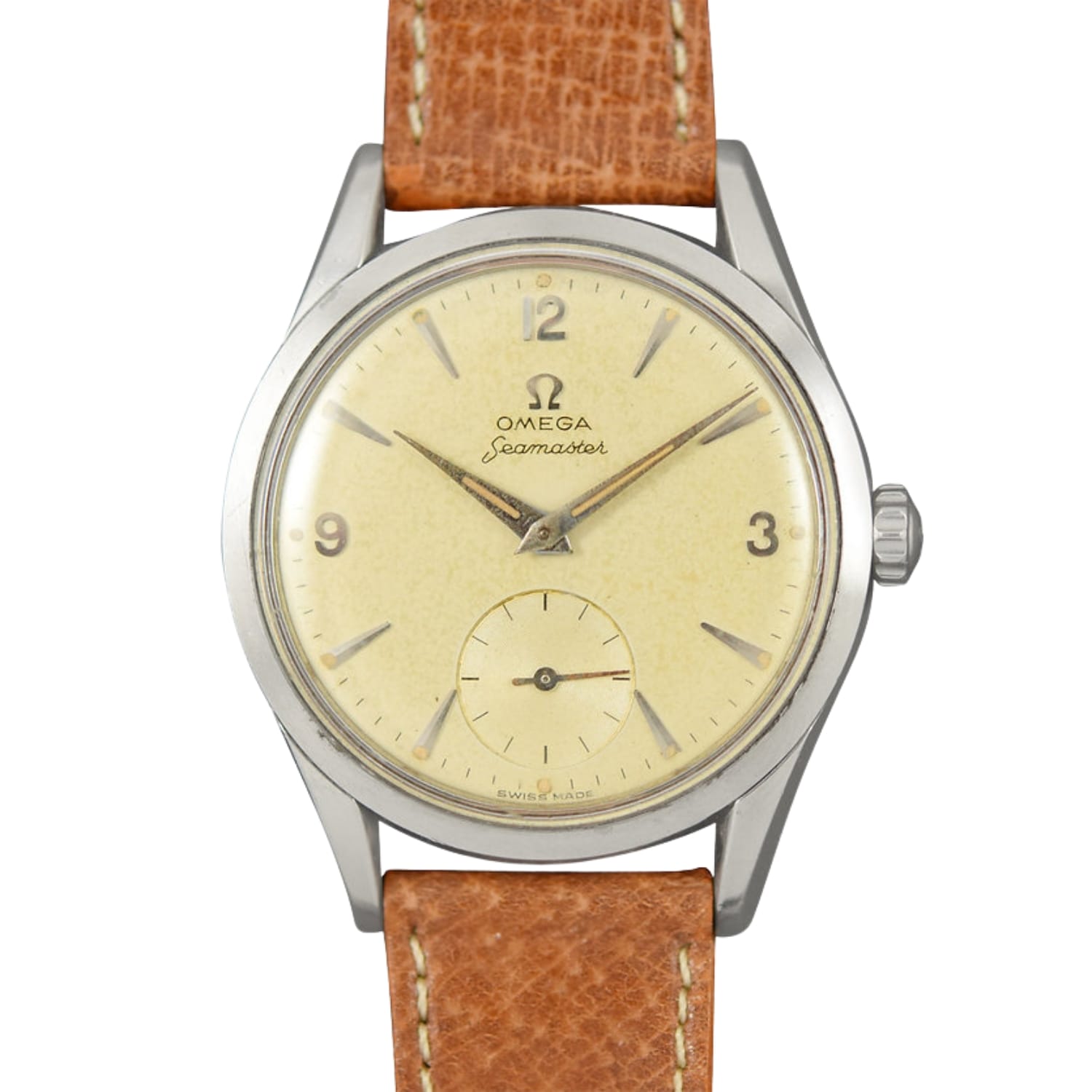 Vintage Omega Seamaster 2937 watch with a cream dial, brown leather strap, and silver hour markers.