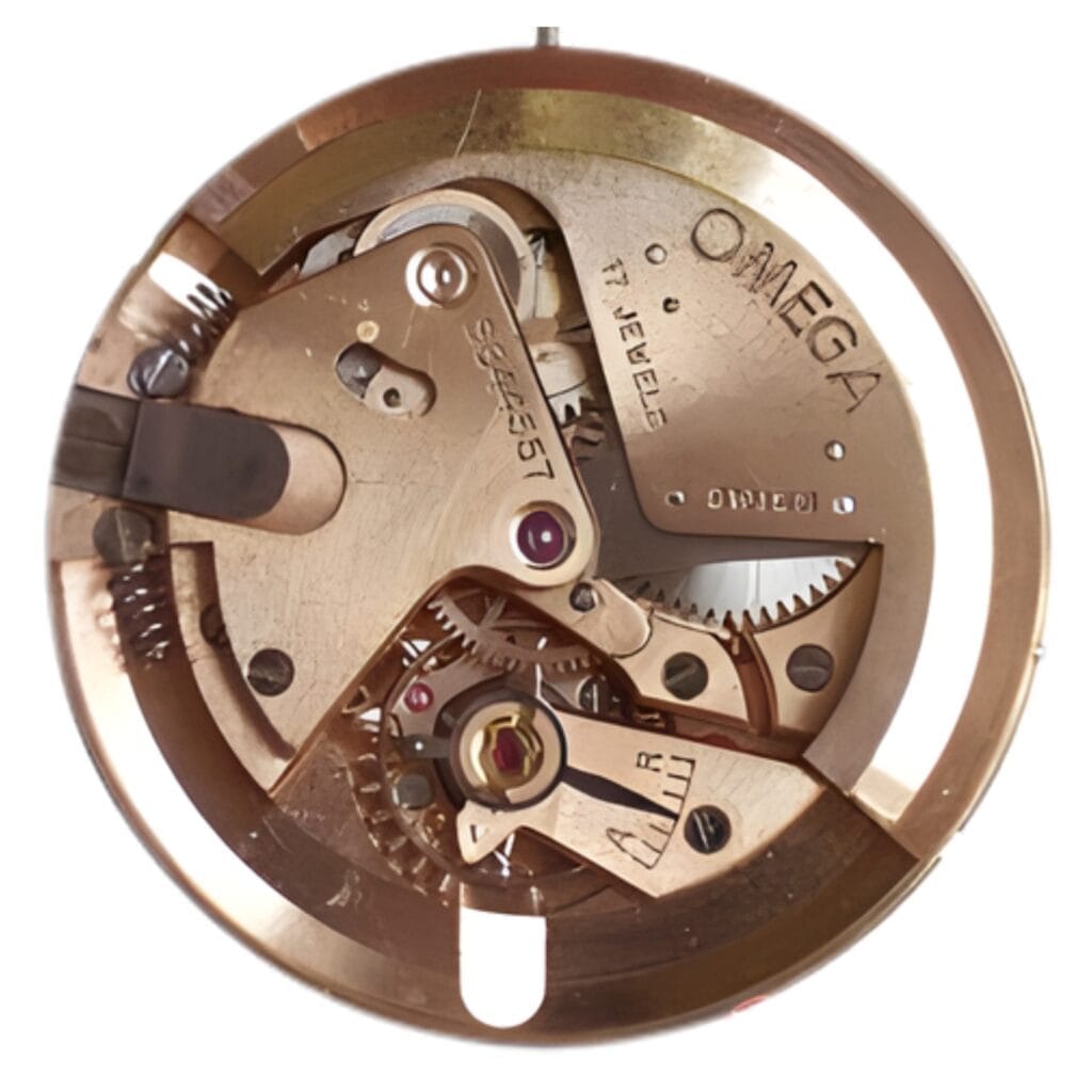 Close-up of an Omega 30.10 watch movement showing gears, levers, and engraved markings on metal parts.