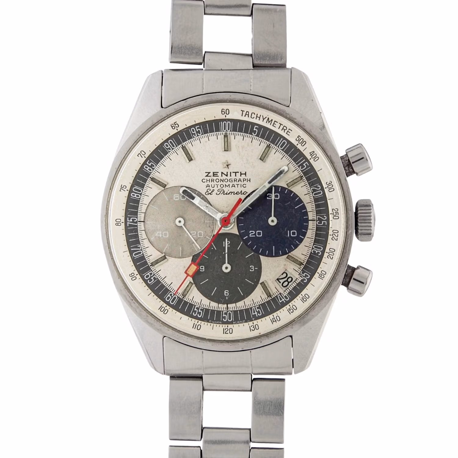 A vintage Zenith El Primero A386 chronograph watch with a tri-color dial and stainless steel bracelet.