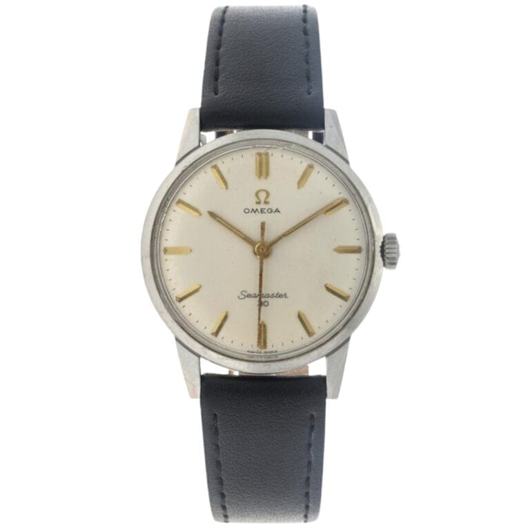 Vintage Omega Seamaster 30 (ref. 135.003) wristwatch with a black leather strap and silver case on a white background.
