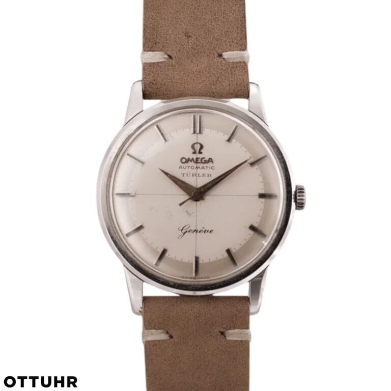 A vintage Omega Genève wristwatch, model Omega 14702, featuring a brown leather strap and a silver round dial.