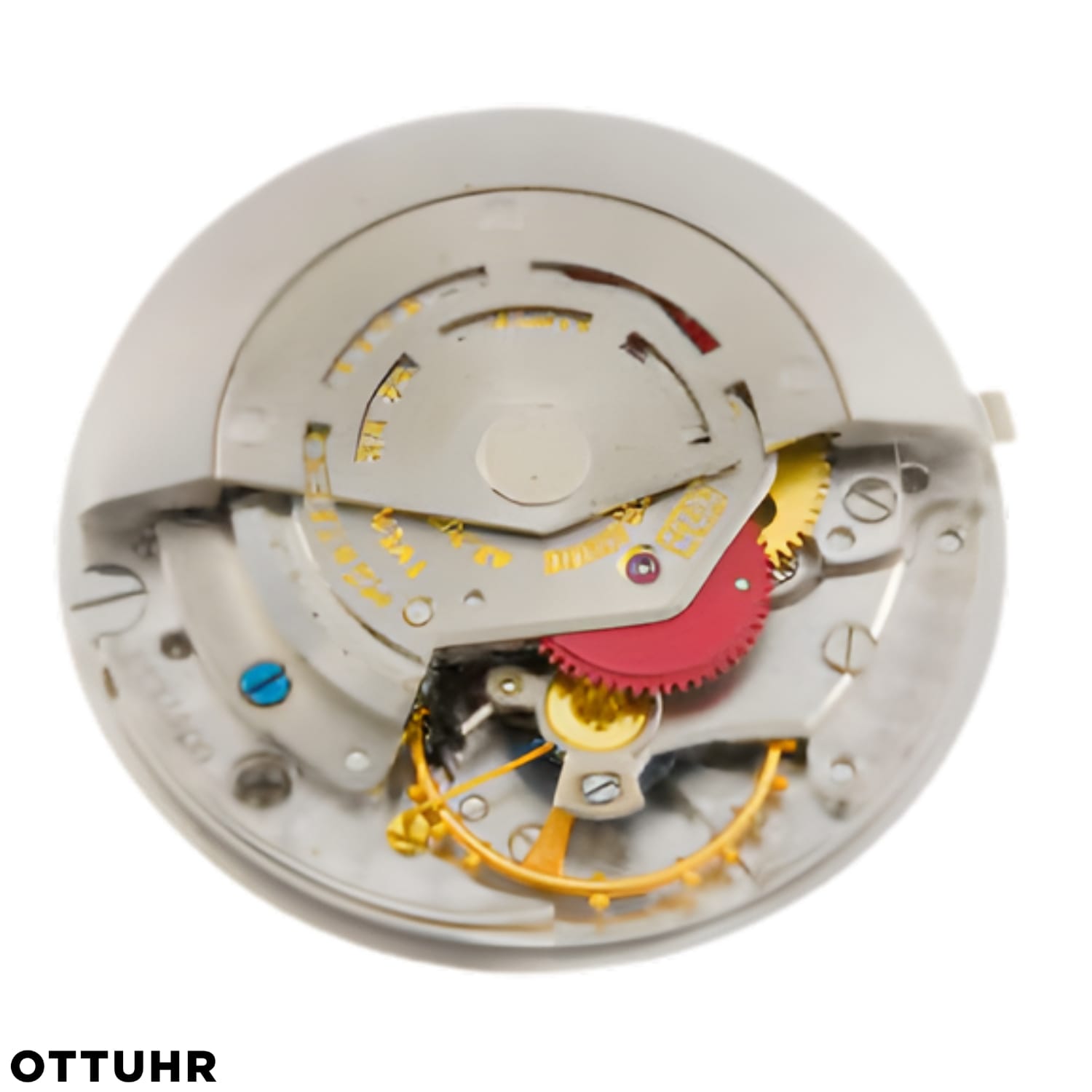 Close-up of a Rolex 1555 mechanical watch movement showing gears and intricate metal components on a white background.