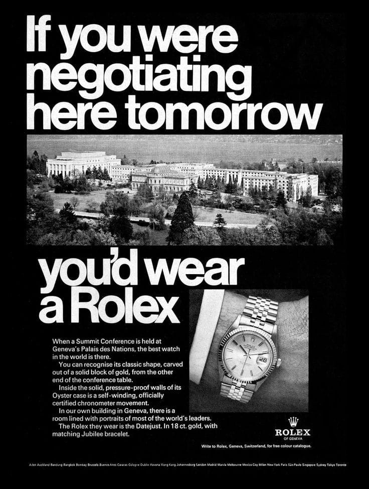 Black and white ad showing a Rolex watch and Geneva’s Palais des Nations with bold text promoting Rolex.