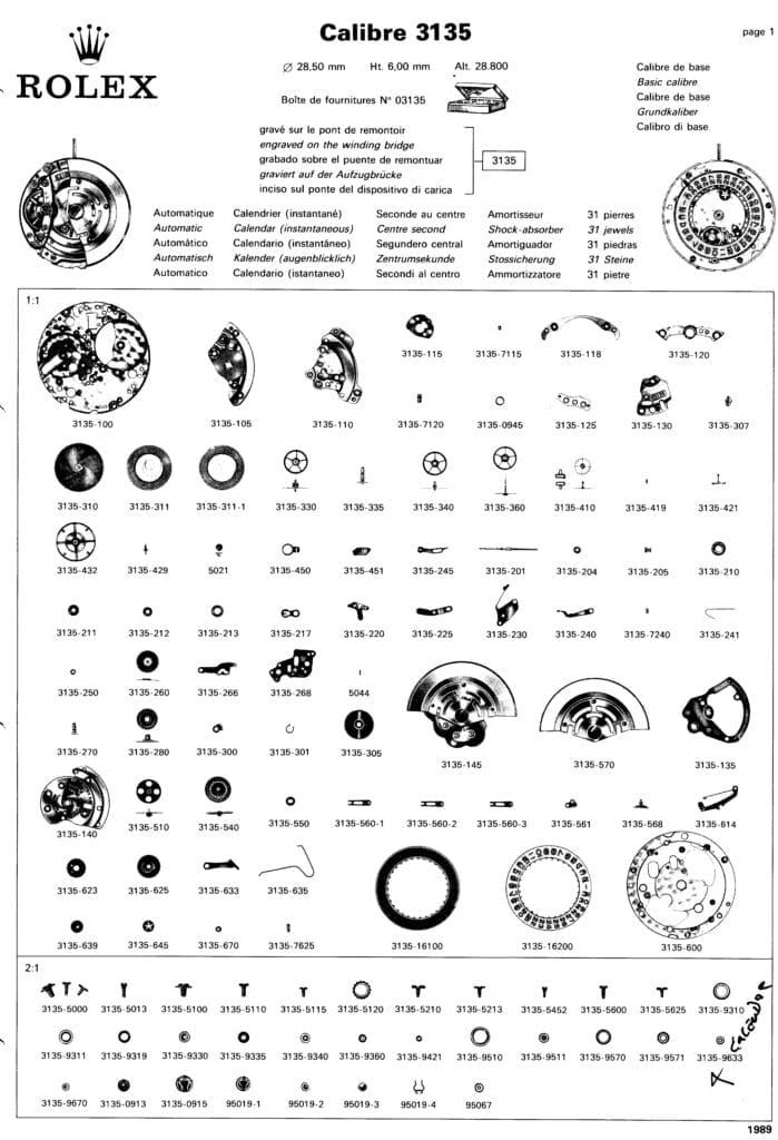 Diagram of Rolex Calibre 3135 movement with labeled mechanical parts and reference numbers.