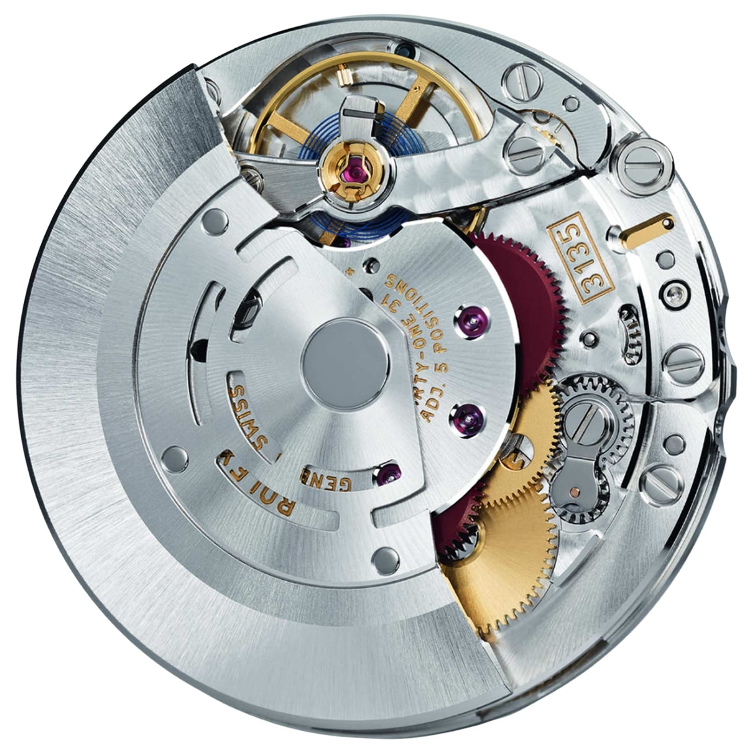 Close-up of a luxury mechanical watch movement showing gears, screws, and intricate metal components.
