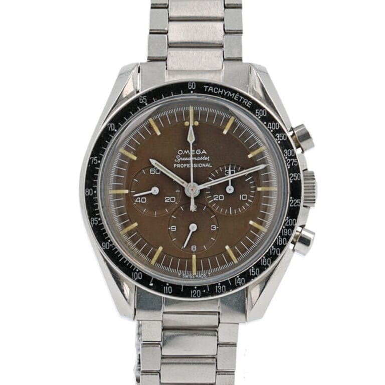 Omega Speedmaster Professional 105.012 watch with a brown dial, stainless steel case, and metal bracelet.