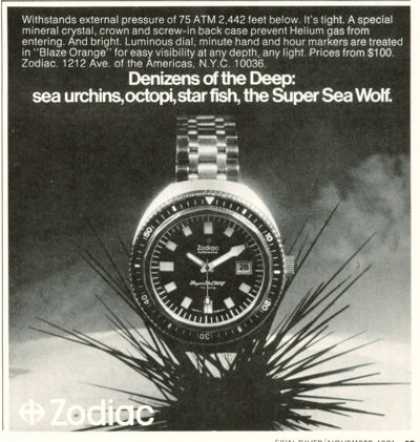 A Super Sea Wolf watch displayed among sea plants, with bold text showcasing the Super Sea Wolf’s impressive underwater durability.