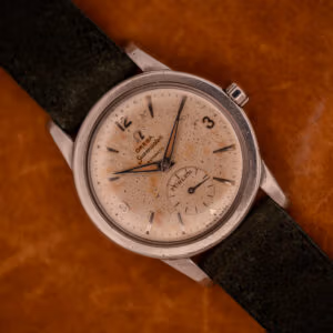 Omega Seamaster Bumper Ref. 2576-14 on olive suede with full dial and beefy lug case profile visible